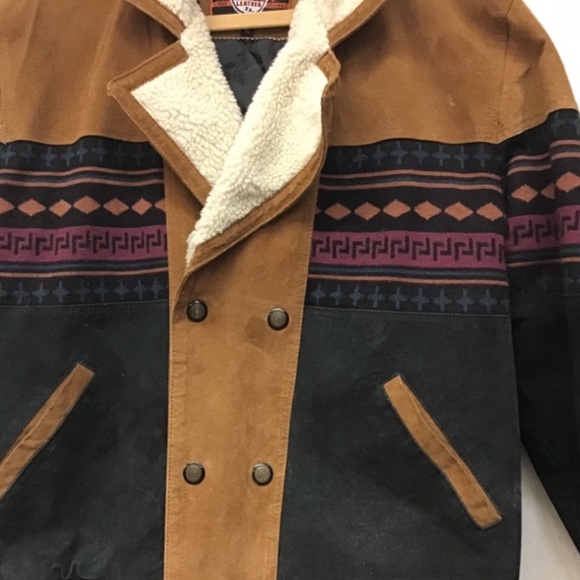 80s Vintage Interstate Leather Smoker Western Native Suede Leather Bomber Jacket - Picture 6 of 13